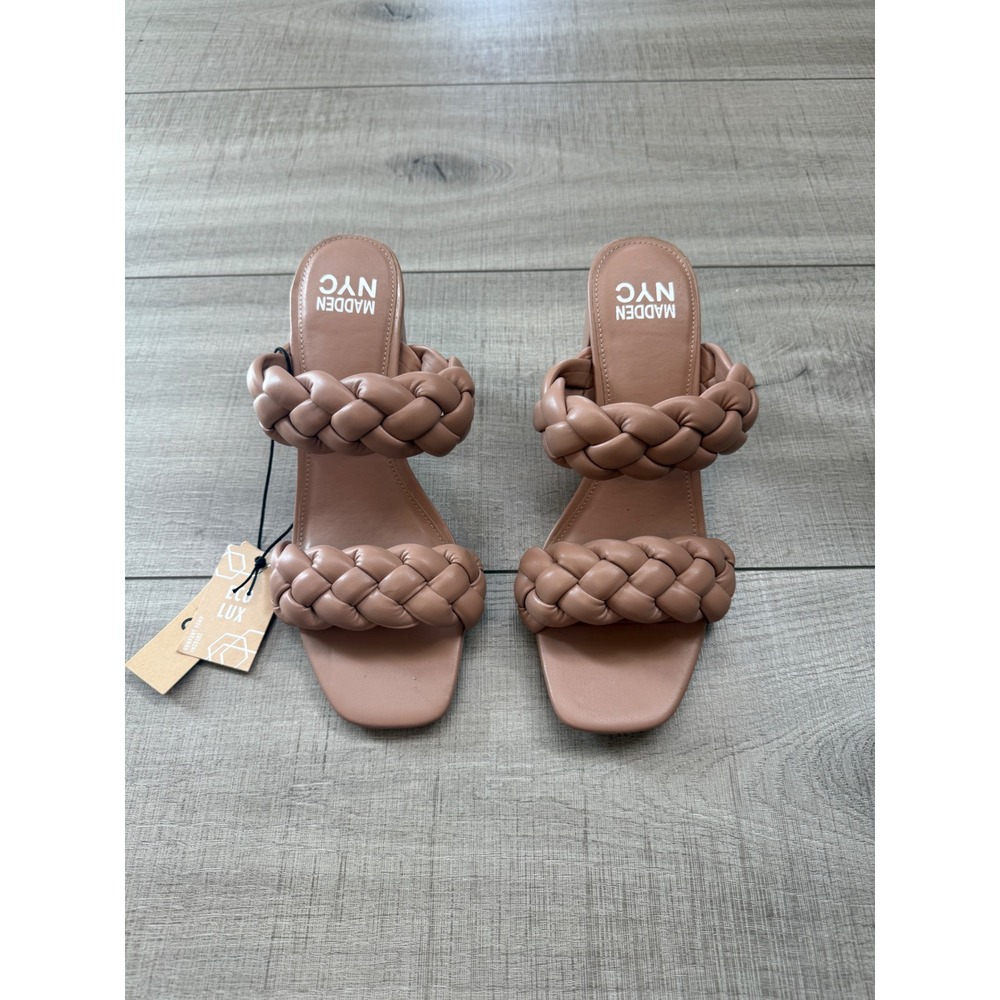 Braided Strap Sandals Block Heel Nude Tan Square Toe Size 10 Madden NYC